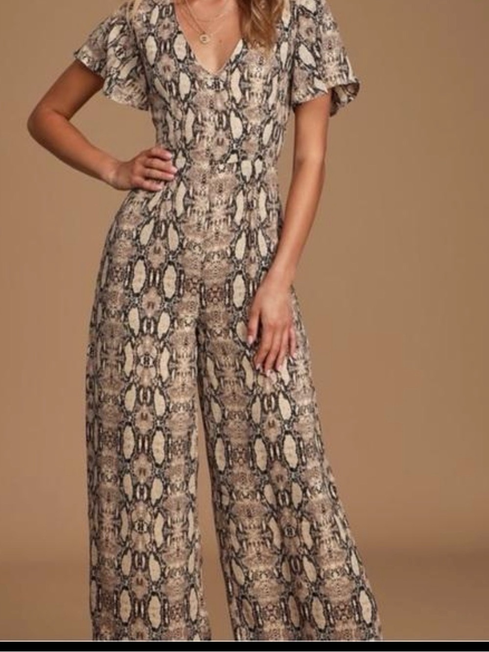 It Gril Tan Snack Print Wide Leg Jumpsuit